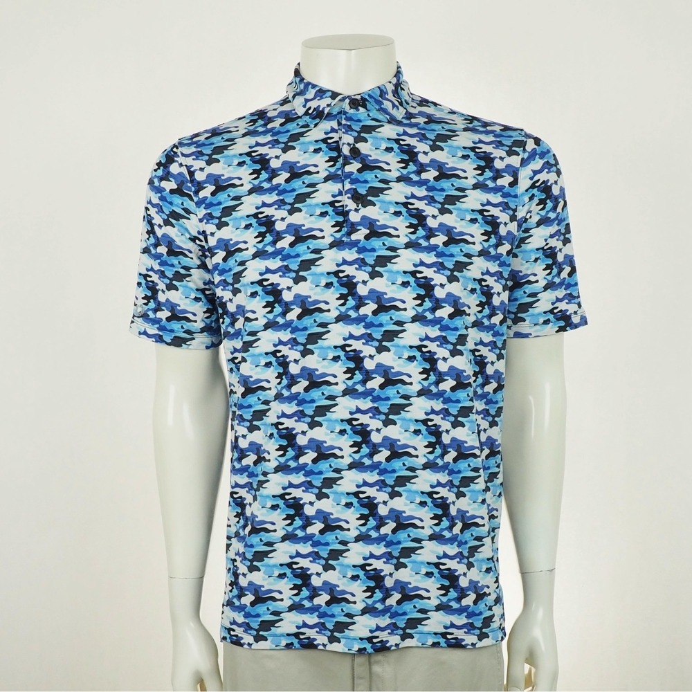 IBKUL Golf Polo Shirt Mens Small Blue Camo AOP Performance Nylon Stretch Blend